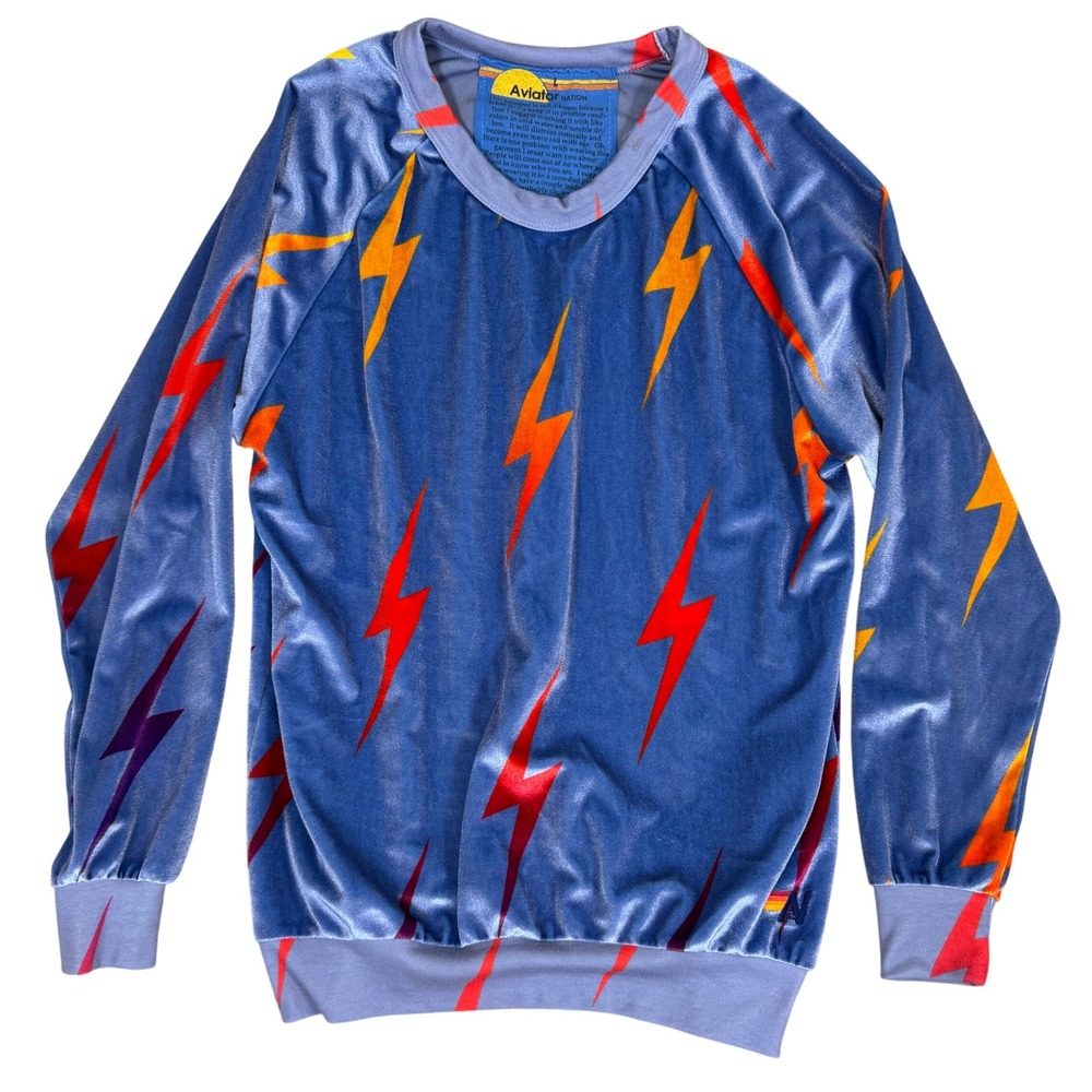 Aviator Nation Blue Velvet Lightning Bolt Women's Sweatshirt Size L Made in USA